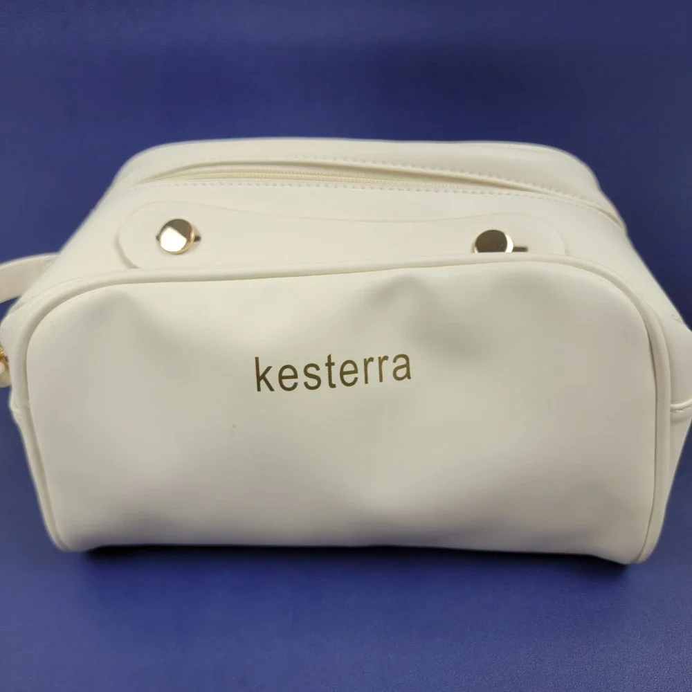 Kesterra 3 Piece Travel Makeup Bag Set Cream Vegan Leather Cosmetic Case